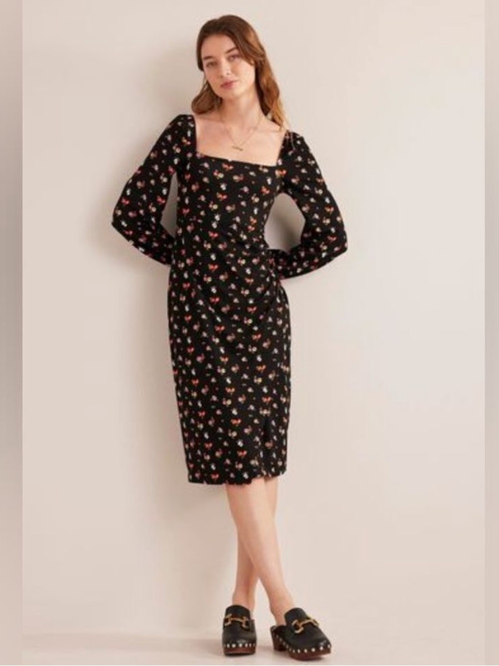 Boden Square Neck Midi Dress Faux Wrap Long Sleeve Black Floral 14